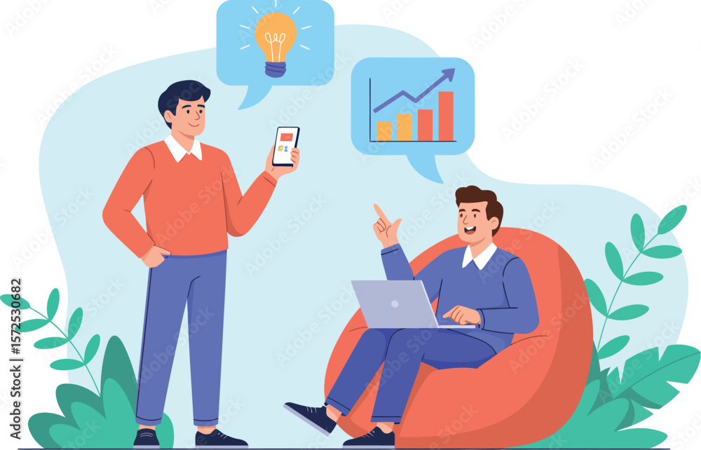 Two men discussing business strategies with a lightbulb and a rising graph in speech bubbles
Two men discussing business strategies with a lightbulb and a rising graph in speech bubbles