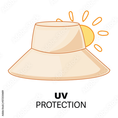 Sun safety icon with a wide-brimmed hat, summer heat protection, simple cartoon flat vector art