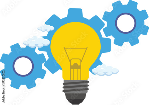 Innovation, invention and solution concept, light bulb with gear vector 3D isometric illustration or icon, technology and technics, mechanical engineering.