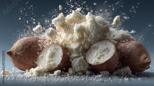 Tapioca Delight: A Captivating Still Life of Fresh Cassava and Flour Explosion