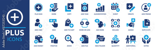 Plus sign icon set. Containing add, more, new, copy, augmentation, positive, create, zoom and more. Solid vector icons collection.