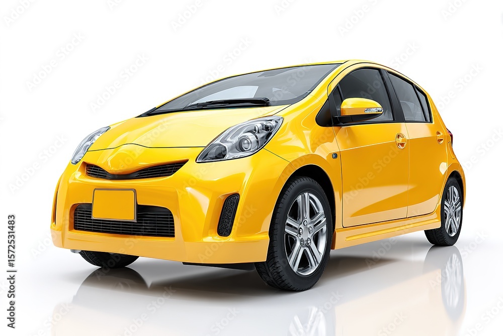 Naklejka premium A compact hatchback car in bright yellow isolated on a white background, no shadow, showroom angle