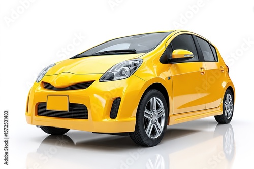 A compact hatchback car in bright yellow isolated on a white background, no shadow, showroom angle