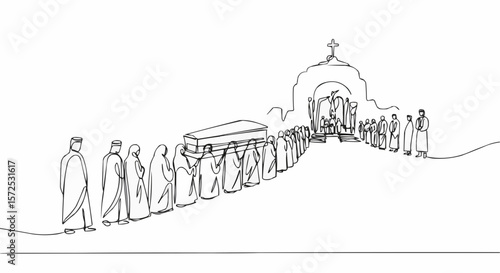 A solemn funeral procession carrying a coffin towards a church.