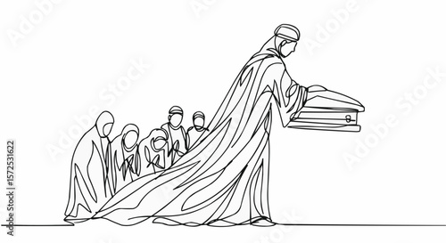 Mourners carrying coffin, single line art style illustration.