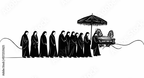 Solemn procession of monks carrying coffin with umbrella.