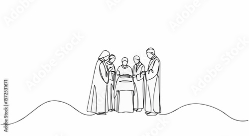 A religious scene with a group of people in a worship gesture.