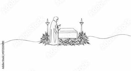 A somber sketch depicting mourning at a funeral.