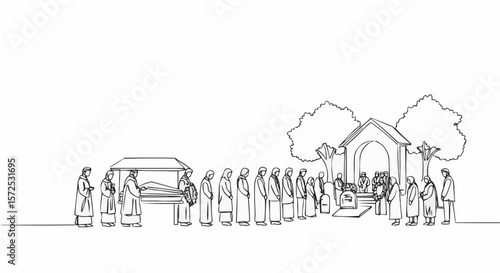 A drawing depicting a funeral scene with individuals dressed in traditional attire, conveying a sense of solemnity and respect.