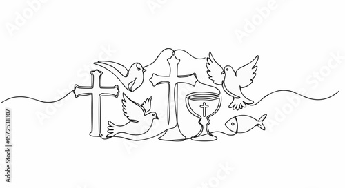 An elegant line art illustration featuring Christian symbols.