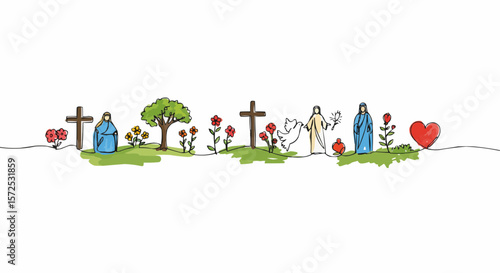 A heartwarming hand-drawn illustration of religious symbols on a horizontal line. 