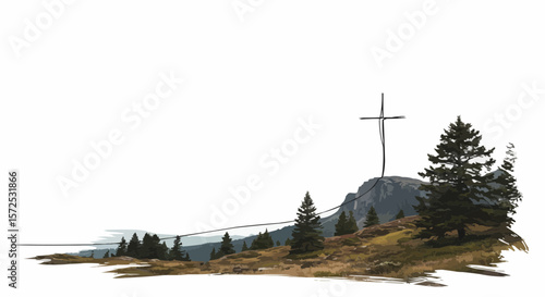 A striking minimalist landscape with a cross atop a hill.