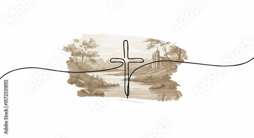 A serene cross drawn with a background of the countryside.