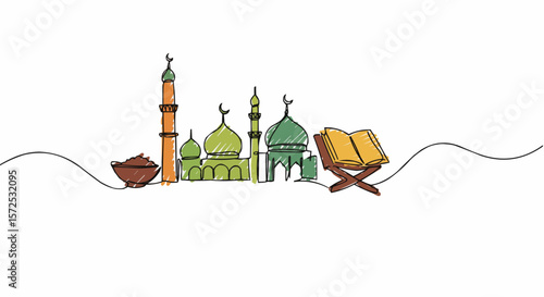 An illustration of a serene cultural scene with a mosque, date, and holy book.