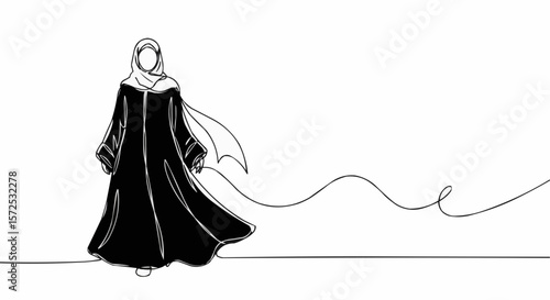 Elegant illustration of woman wearing abaya and hijab in a single line. 