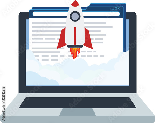 Rocket coming out of laptop computer screen for business startup launch concept on top of office desk, vector flat illustration