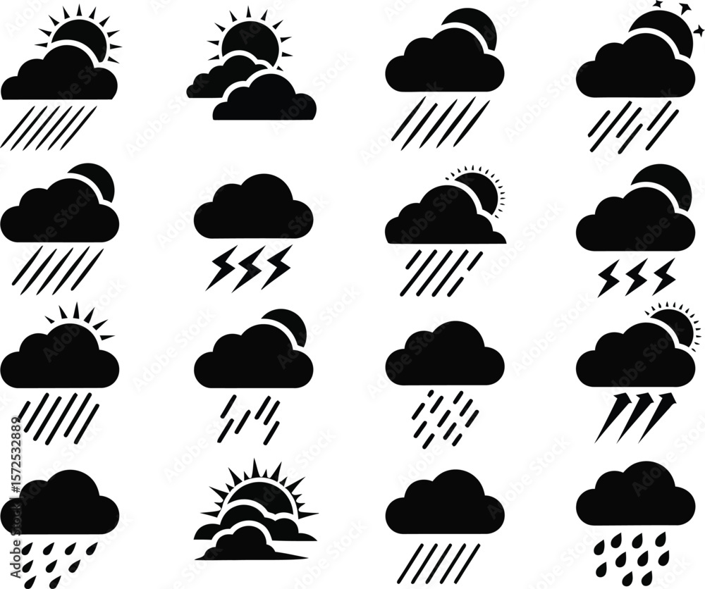 Weather icon vector set: editable stroke, rain, clouds, sun Weather icon vector set: editable stroke, rain, clouds, sun