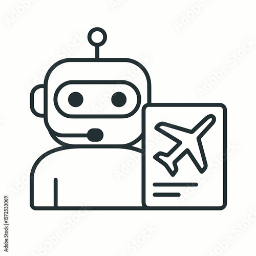 Line icon of AI chatbot buying airplane tickets online, travel assistant robot holding boarding pass outline