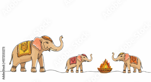 An Indian elephant family celebrating a cultural event.