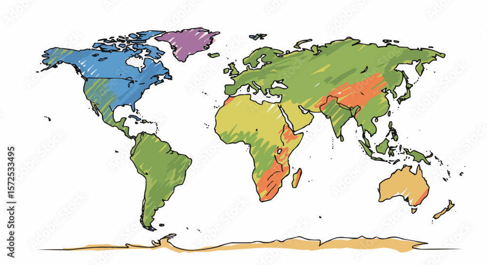 Obraz premium A vibrant hand-drawn world map showcasing the diversity of our planet.