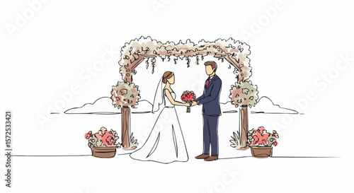 A sketch of a bride and groom at their wedding ceremony, exchanging vows under an elegant floral arch.