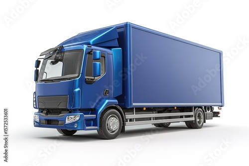 A blue delivery truck with closed cargo box, isolated on clean white background, no shadow 