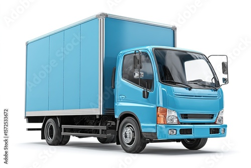 A blue delivery truck with closed cargo box, isolated on clean white background, no shadow 