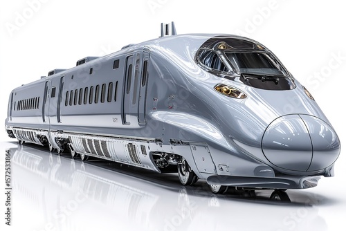 A bullet train model facing left isolated on a white background, smooth lighting, no shadow 