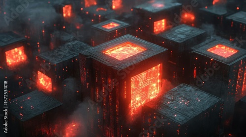 Futuristic city of glowing, dark cubes
