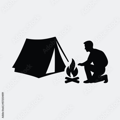 Silhouette camper sits by campfire near tent vector illustration