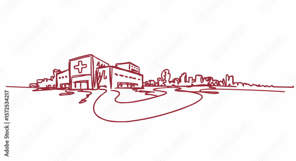 Obraz premium A simple illustration of a hospital building with a surrounding area.