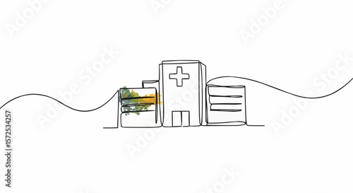 A minimalist line drawing of a modern hospital building, highlighting healthcare and architectural design.