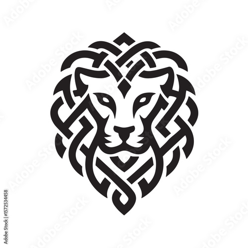 Vintage tribal lion head icon illustration with floral and wing decoration