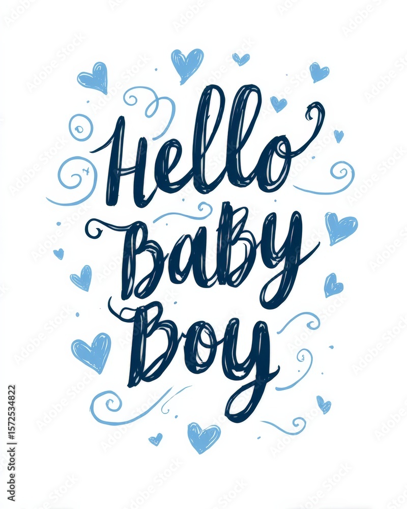 'Hello Baby Boy' in blue script surrounded by small hearts and swirls. 'Hello Baby Boy' in blue script surrounded by small hearts and swirls.