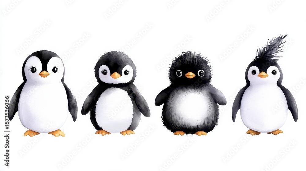 Fototapeta premium Collection of cute baby penguins. Winter cartoon illustration. Watercolor isolated on white background. Adorable penguin chicks watercolor painting winter scene charming wildlife imagery