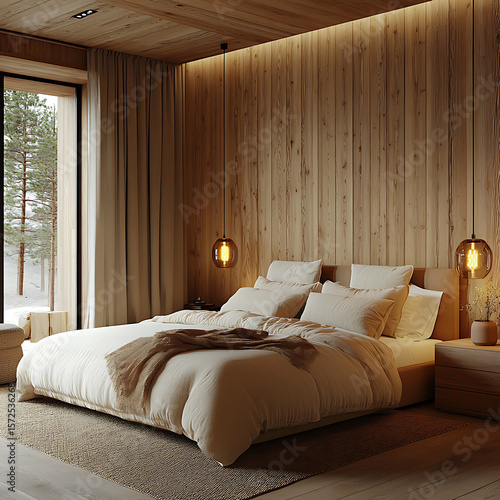 Warm-toned bedroom interior with full-height wood panel walls, soft fabric bedding, symmetrical pendant lighting, cozy natural ambiance 