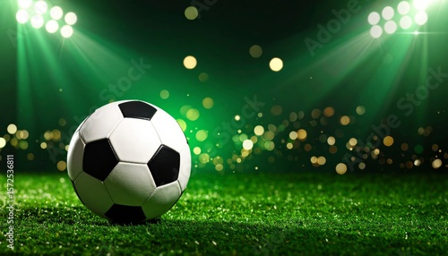 Black and white soccer ball on green stadium grass, ready for play