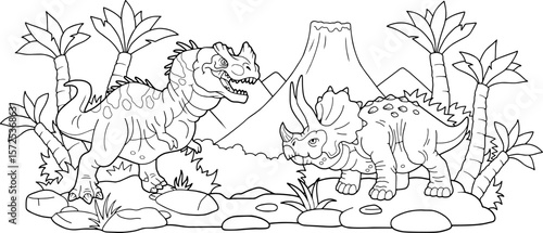 dinosaur battle, outline illustration, coloring book for kids