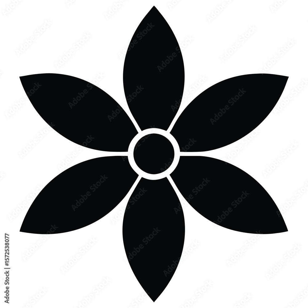 Black stylized flower with six petals and a circular center white bloom Black stylized flower with six petals and a circular center white bloom