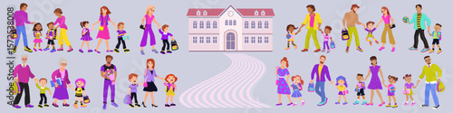 Set of parents and children. Happy family walking together holding hands. Parents accompany their kids to school or kindergarten. Flat vector illustration of mom, dad and schoolchildren.