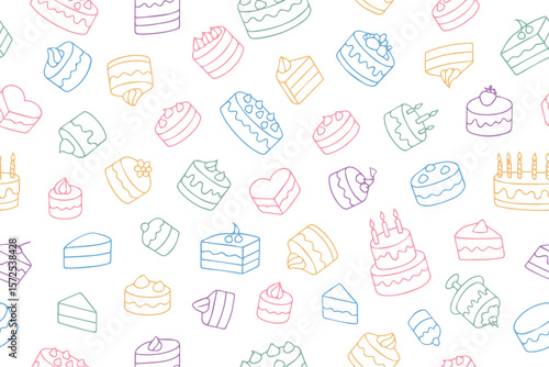 Seamless pattern of hand drawn cakes, cupcakes. Doodle style. Bright colorful designs for International Cake Day and Birthday. Vector illustration for your design. 
