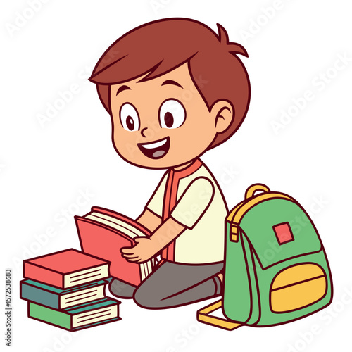 Young boy happily reading books next to his backpack for school learning