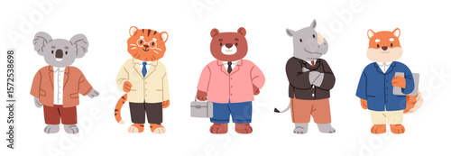 Business animals, cute wild characters set. Happy smiling koala bear, tiger, rhino in professional suits. Funny office workers, employees. Kids flat vector illustration isolated on white background