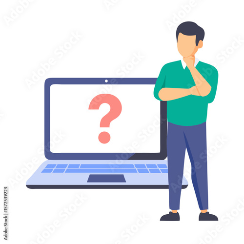 Man standing next to laptop with question mark on screen