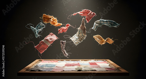 A deconstructing patchwork quilt with unraveling threads and fabric.
