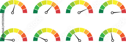 Set of Color-Coded Gauge Meters with Variable Needle Positions – Performance Indicator and Dashboard UI Vector Illustration