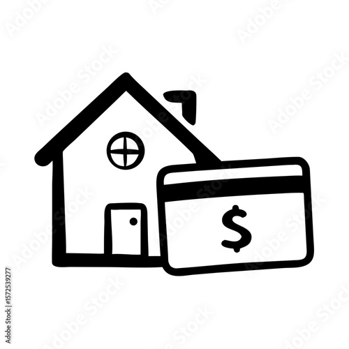 House and credit card icon in black and white flat design