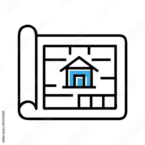 Real estate blueprint icon with house floorplan in outline style