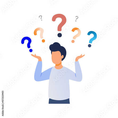 Person shrugging with question marks above head