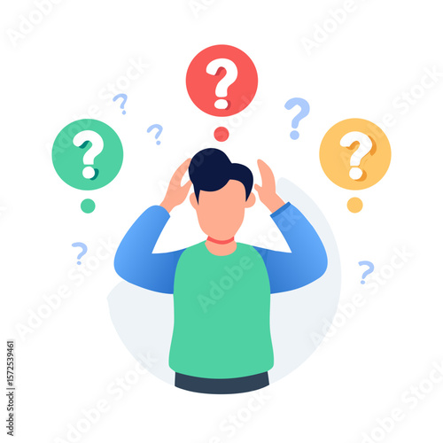 Confused man with colorful question marks around head